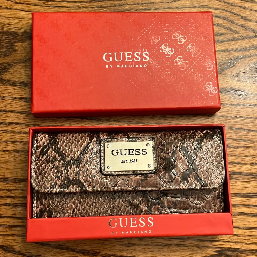 New in box Guess by Marciano brown and black snake skin wallet